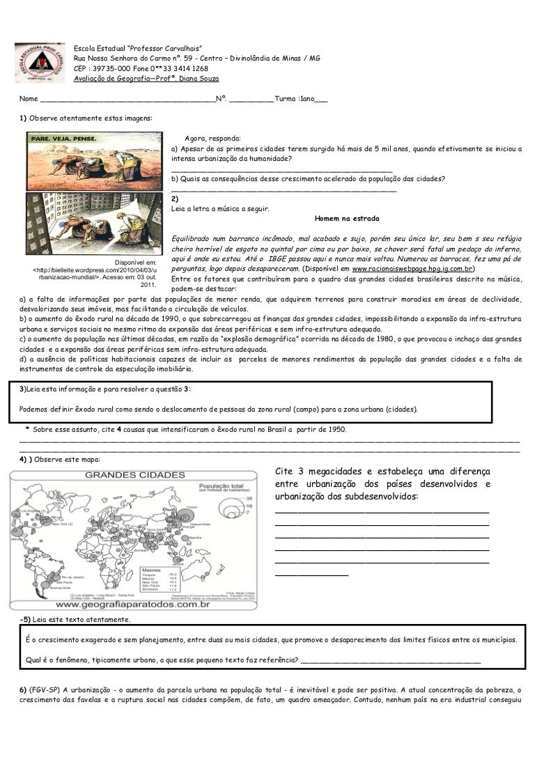 Atividades Sobre Urbanização Brasileira 5o Ano Com Gabarito