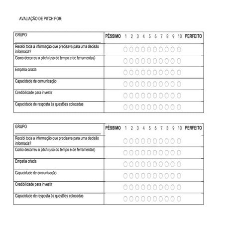 Formulário de AVALIAÇÃO DE PITCH em sala de aula