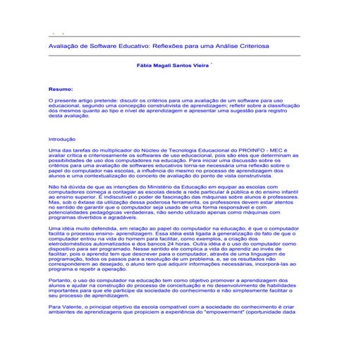 Avaliacao de software educativo reflexoes para uma analise criteriosa