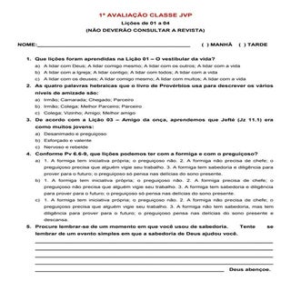 Avaliações para classe de jovens   ...