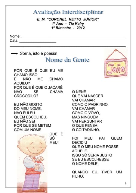 Avaliação 1º ano  1º bimestre