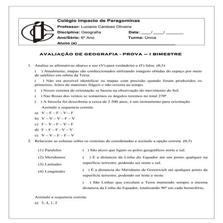 Avaliação 6º ano   geografia