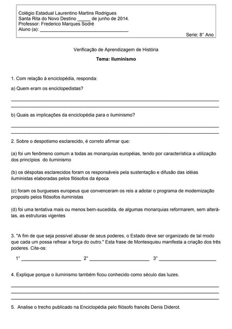 Avaliação de História - Iluminismo 