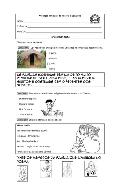 Avaliação bimestral de historia