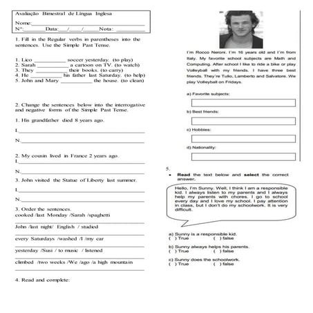 Avaliação bimestral de língua inglesa 2 eja ano 