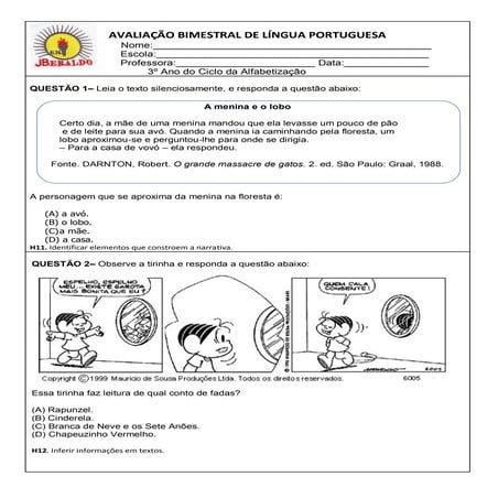Avaliação bimestral de língua portuguesa | PDF