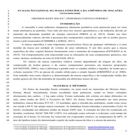 Avaliação da massa específica da amêndoa de macaúba gredson souza final