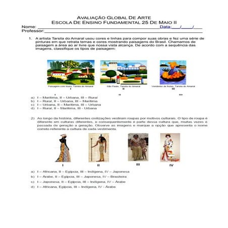 Avaliação de global de artes 6º e 7º ano setembro