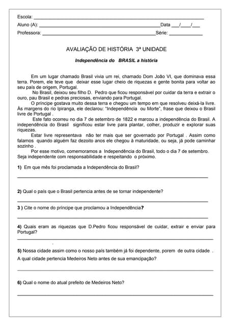 Avaliação de história  3ª unidade 13  