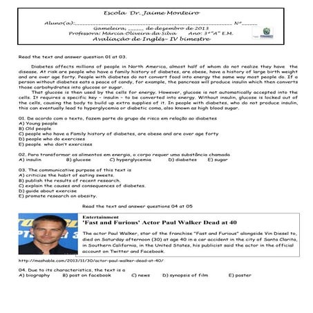 Avaliação de Inglês Ensino Médio