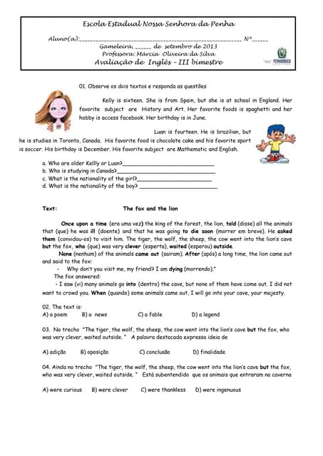 Avaliação de inglês 1b