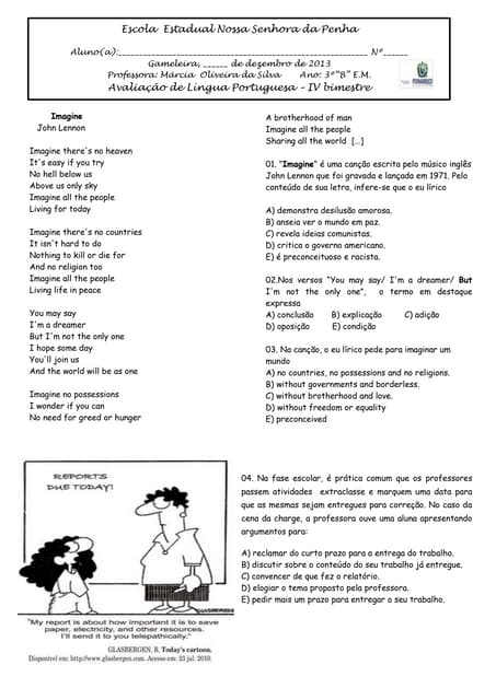 Avaliação de Inglês 3º ano