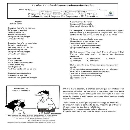 Avaliação de Inglês 3º ano