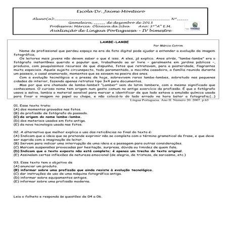 Avaliação de Língua Portuguesa 3º Ensino Médio