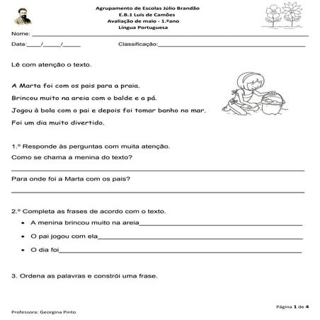 Avaliação de maio   língua portuguesa - 1.º ano