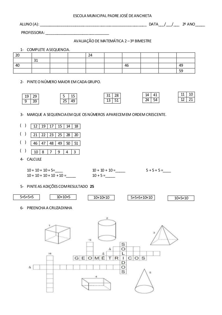Avaliação De Matematica 3 Ano 2 Bimestre