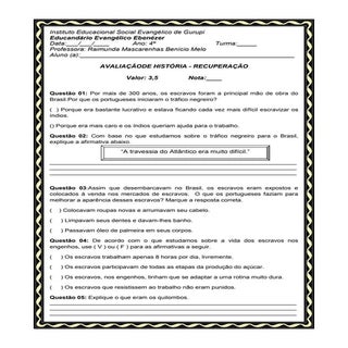 Avaliação de recup. historia 4º ano