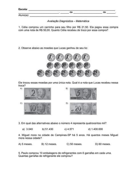 Avaliação diagnostica matematica 5º...