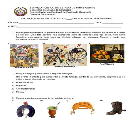 Avaliação diagnóstica arte 8 ano 2013