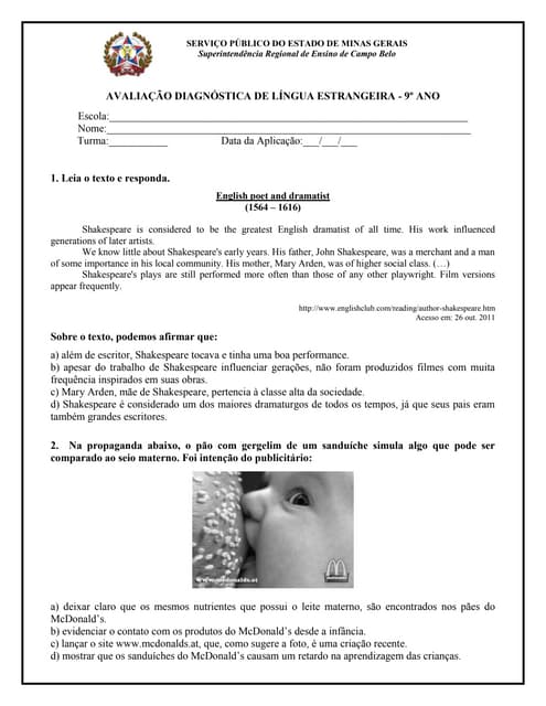 Avaliação diagnóstica de língua ing...