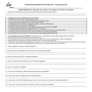 Avaliação ebd primeiro quadrimestre...