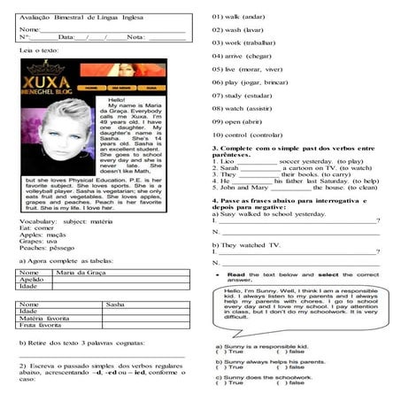 Avaliação de inglês - Eja simple past tense