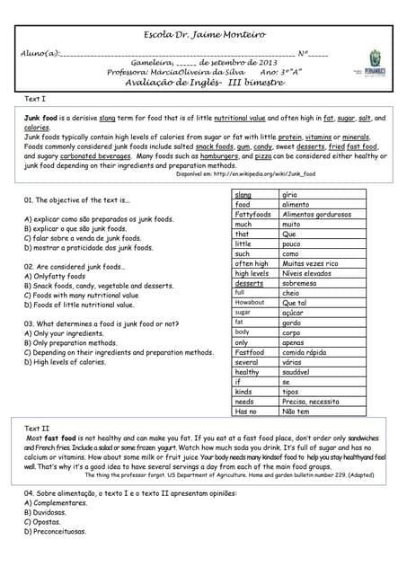 Avaliação inglês 3 a