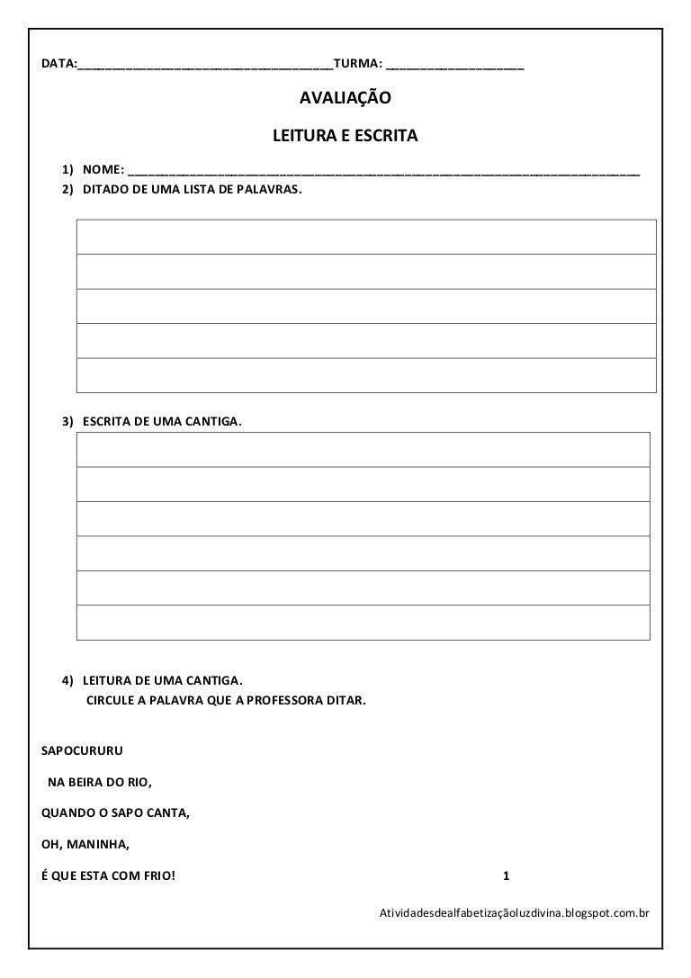 Avaliação leitura e escrita 1º e 2º ano