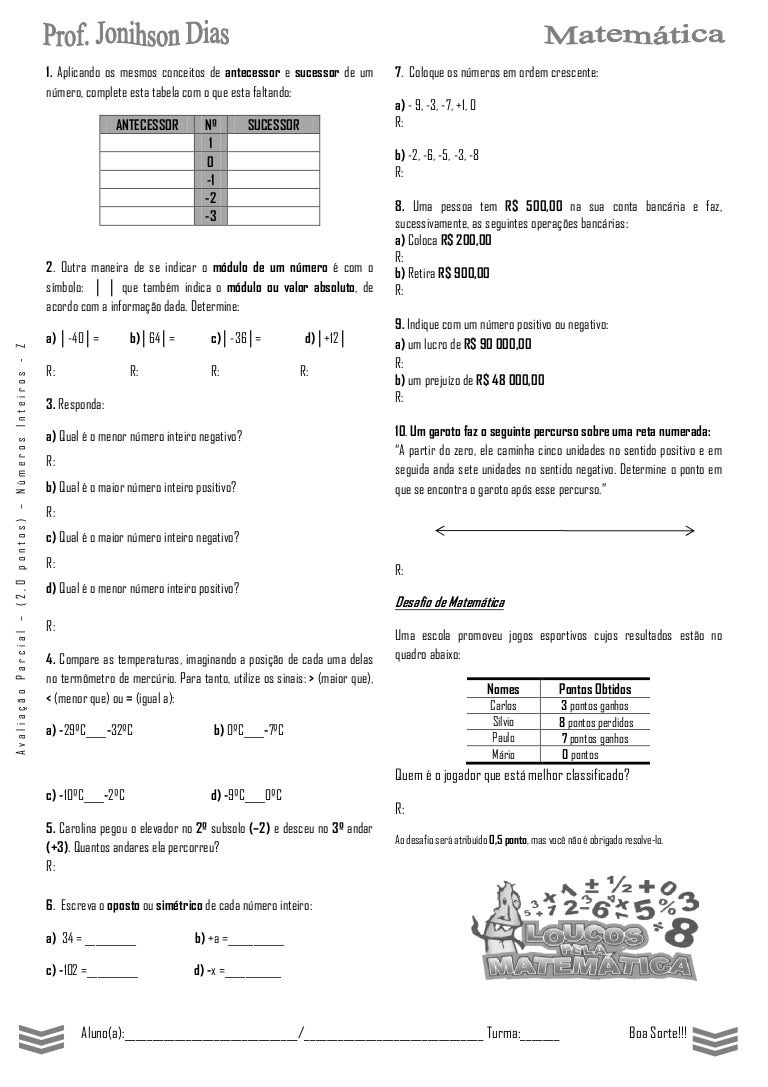 Exercícios De Números Negativos é Positivos 7 Ano Com Gabarito