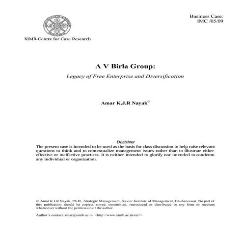  a Case study on A V Birla Group - Legacy of Free Enterprise and Diversification