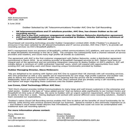 Dubber signs up AVC One in the UK