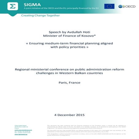 Speech, Avdullah Hoti, SIGMA, Paris, 4 December 2015