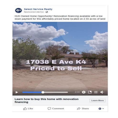 Example of a FB Lead Ad for 17038 E Avenue K4