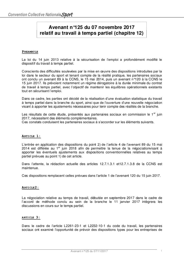 IDCC 2511 Avenant 125 temps partiel