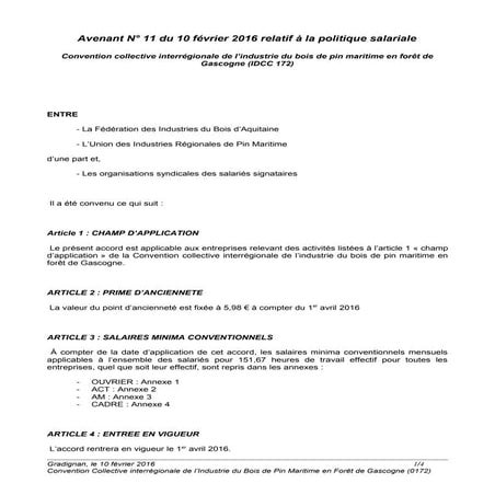 IDCC 172 Avenant  salaire  10 fevrier 2016  cc172