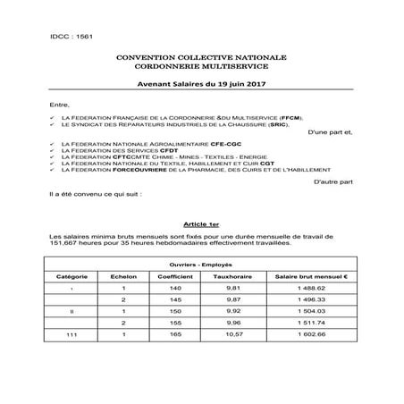 IDCC 1561 Avenant salaires juin 17