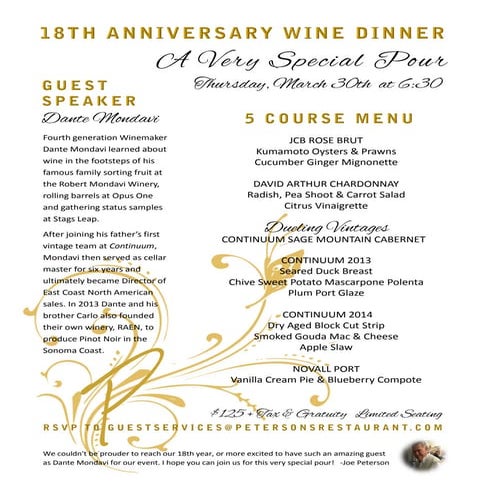 3.30.17 A Very Special Pour with Dante Mondavi at Petersons Anniversary Wine Dinner 
