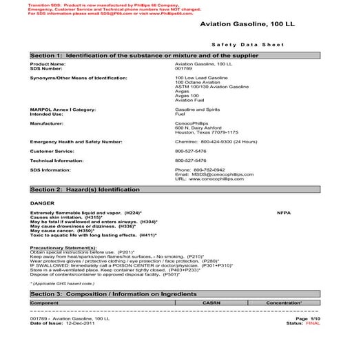 Properties of Aviation Gasoline Fuel 100 LL | PDF