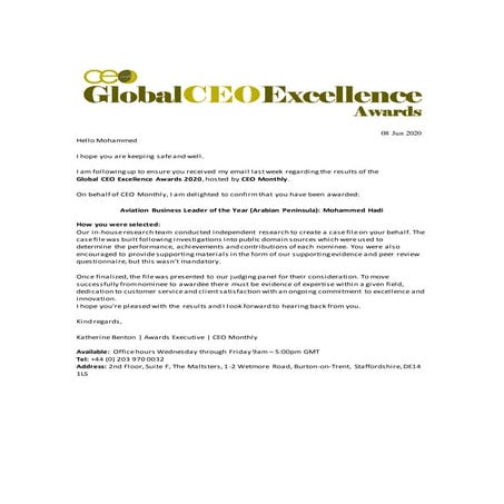 Aviation Business Leader - Global Ceo Excellence
