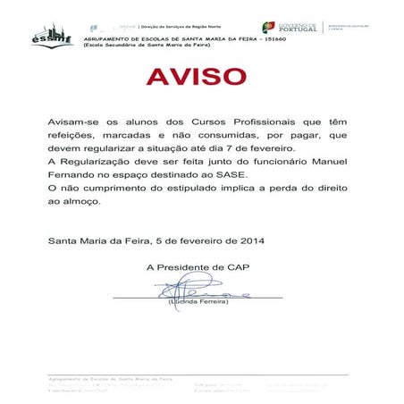 Cursos Profissionais - refeições não consumidas