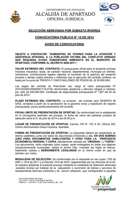 Aviso convocatoria subasta viveres ...