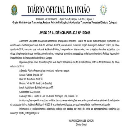 Aviso de audiencia pública sobre piso mínimo de caminhoneiros
