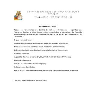 Aviso de reunião - Agentes de Pasto...