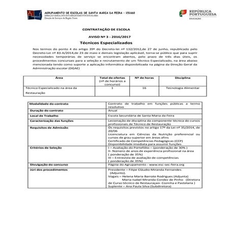 Aviso nº 3    CONTRATAÇÃO DE ESCOLA  Técnicos Especializados