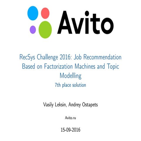 Avito recsys-challenge-2016RecSys Challenge 2016: Job Recommendation Based on...