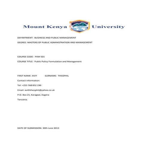 Public Policy Formulation and Management by Avit Theophil