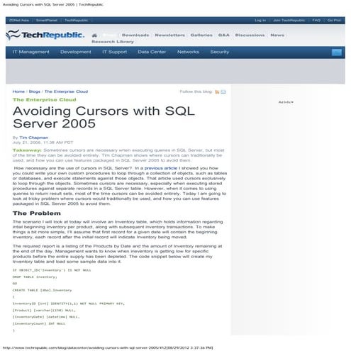 Avoiding cursors with sql server 2005   tech republic