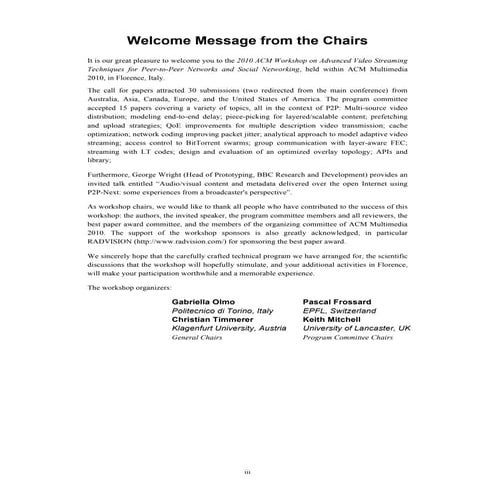 AVSTP2P: Welcome Message from the Chairs