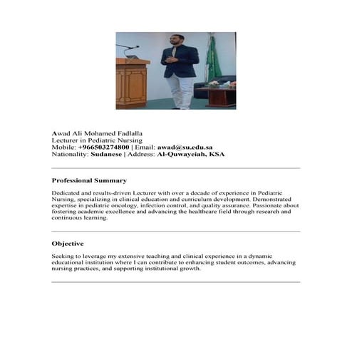 Awad Ali Mohamed Fadlalla Nursing Lecturer | PDF