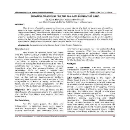 CREATING AWARENESS FOR THE CASHLESS ECONOMY OF INDIA